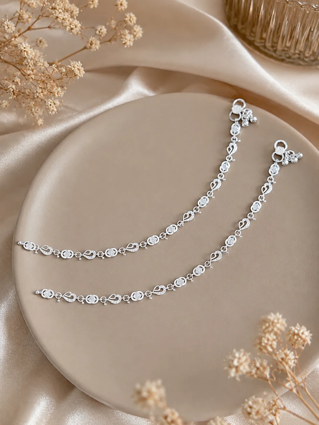 Paisley & Floral Link Silver Anklets (Payal)